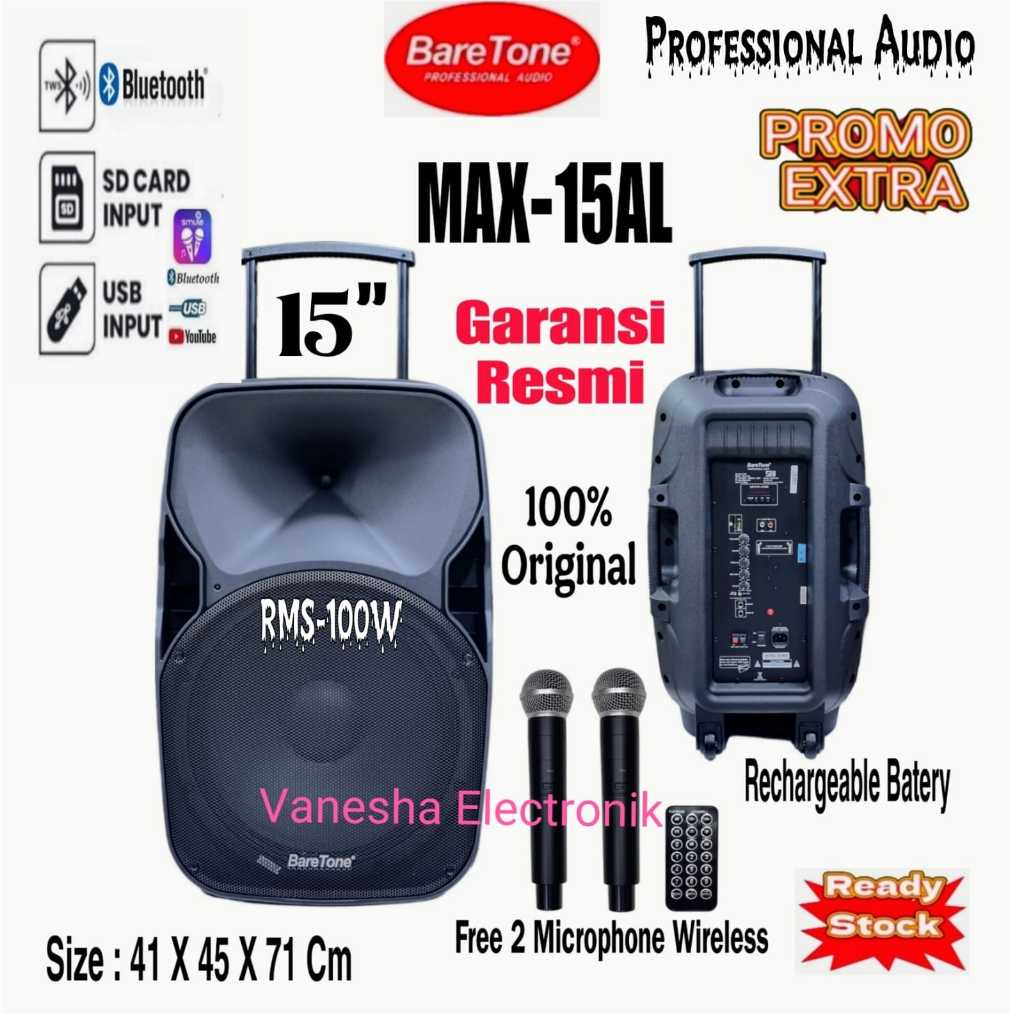 Speaker Portable 15 Inch Baretone MAX15AL Usb Mp3 Bluetooth Original