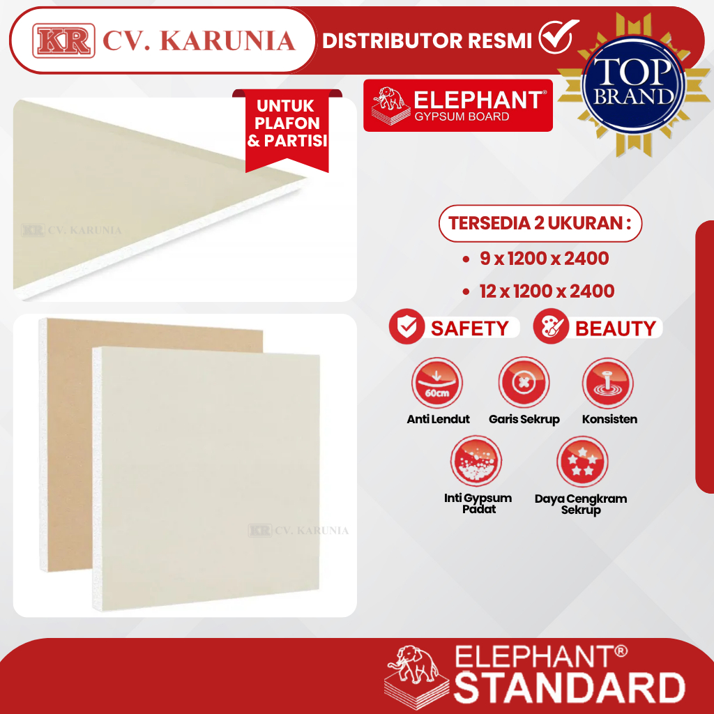 GYPSUM ELEPHANT STANDAR 9mm 12mm | PAPAN GIPSUM PLAFON PARTISI | Anti Api Suara