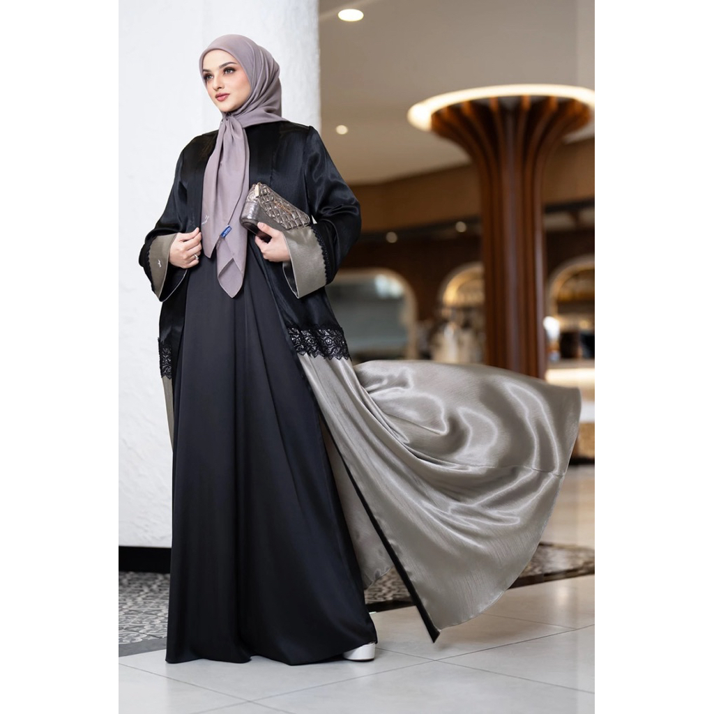 MANDJHA Zahra Dress - Dress Gamis dengan Outer Panjang Hitam Gold Shimmer ORIGINAL By IVAN GUNAWAN