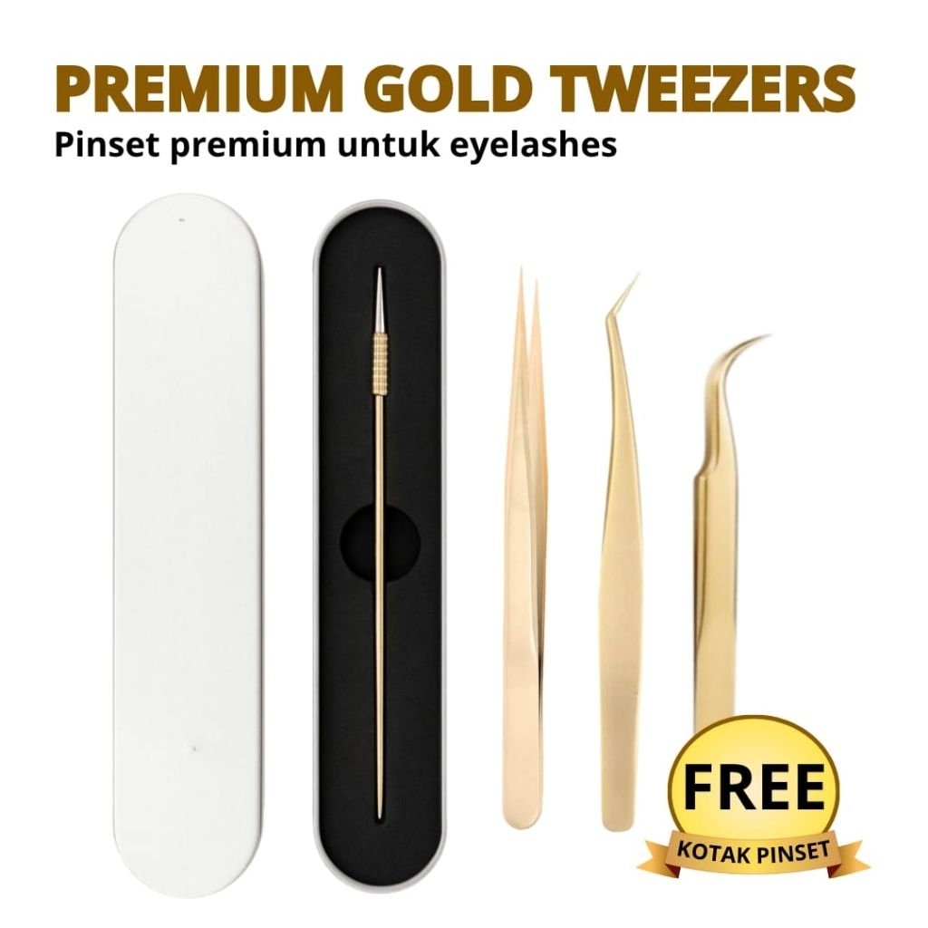 Pinset Gold Tweezers for Eyelash Extension Tajam, Rapat dan Ringan. FREE KOTAK Pinset Bulumata