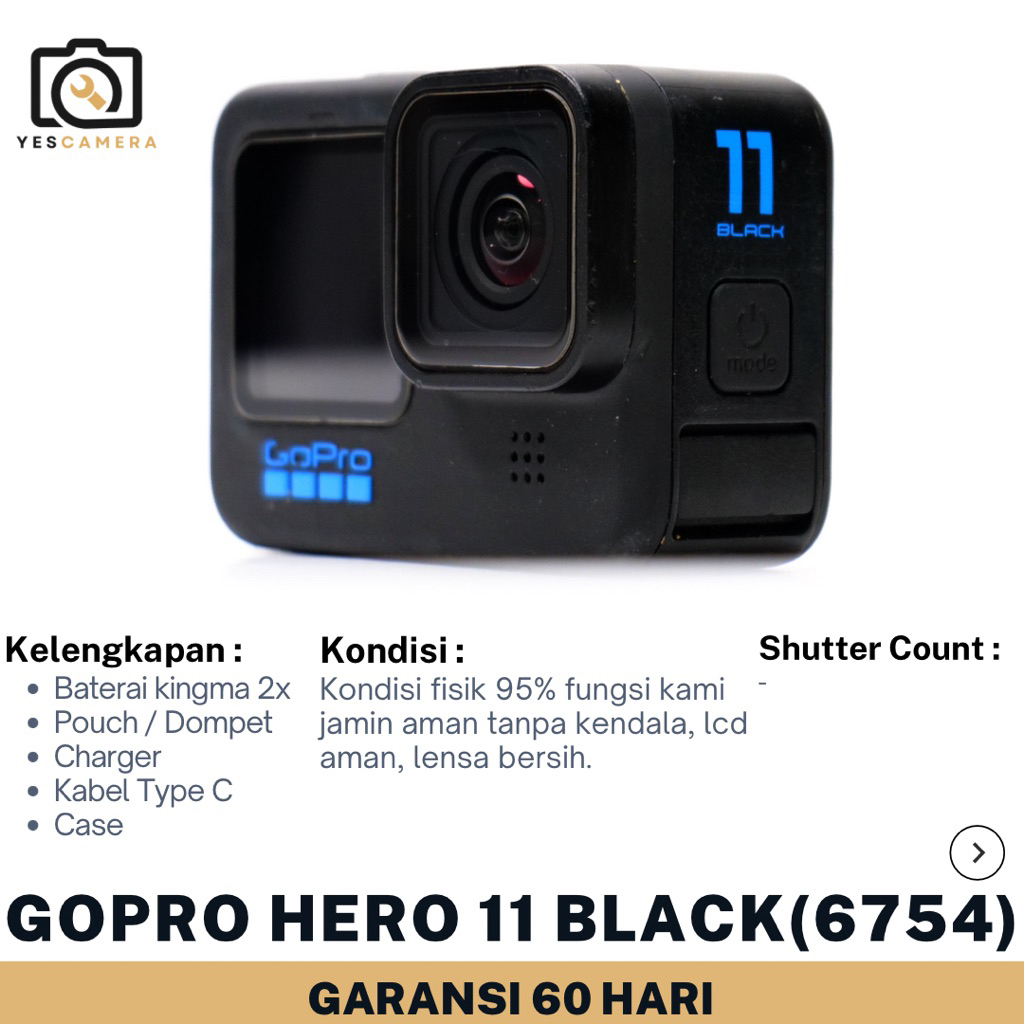 GoPro Hero 11 Black (Bekas) - 27MP, Bluetooth, WiFi, Touchscreen, LCD Live-View Monitor Depan, Video
