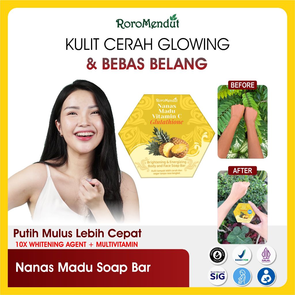 RORO MENDUT Glutathione Vitamin C Nanas Madu Brightening & Energizing Body & Face Soap Bar BPOM HALA