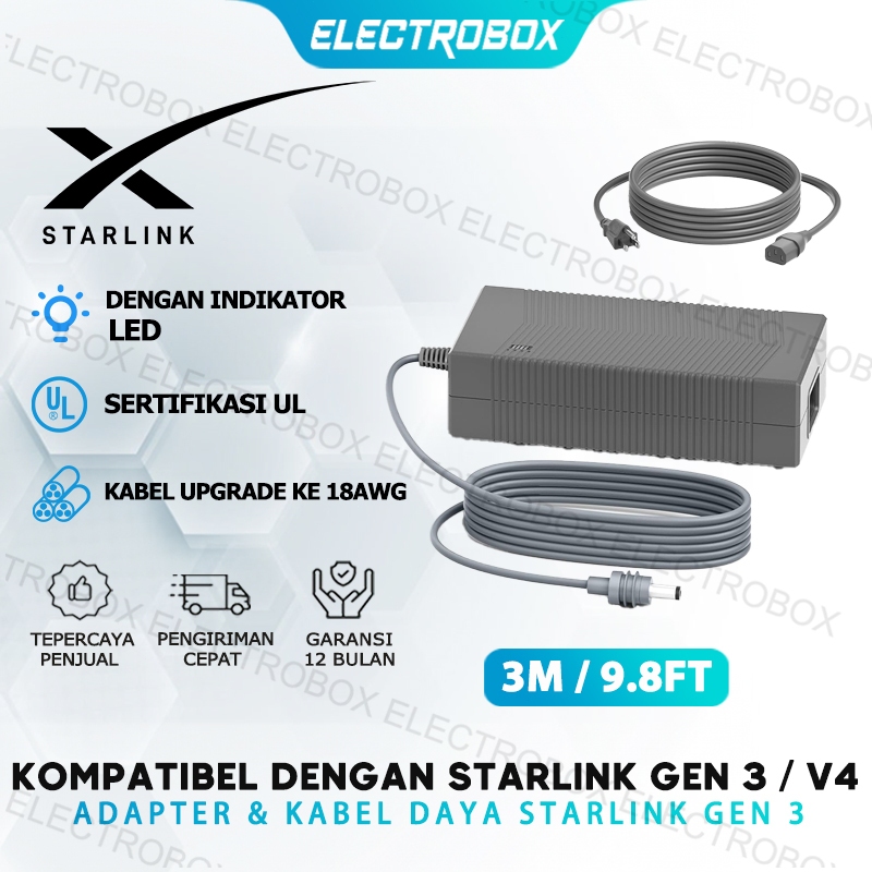 Power Supply Starlink Gen 3 V4 – Adaptor Daya 3M Bersertifikat UL, AC-DC 57V 3.42A 195W