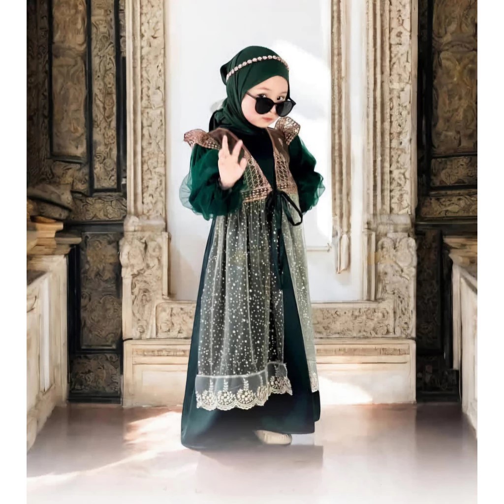 Finda - AZZUMI Series Dress Anak 5-8 Tahun Warna Emerald Green Velvet mix Tulle Brocade Ethnic, Prem