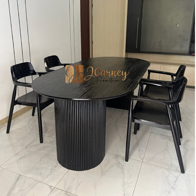 Dining set minimalis oval 4 kursi , Meja makan oval setengah lingkar