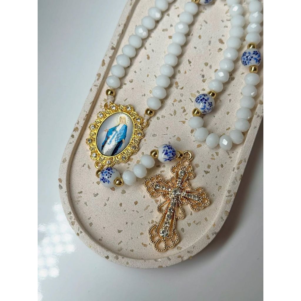 Rosario Suci Katolik Custom Design Aesthetic Bahan Kristal putih Mix keramik manik bunga