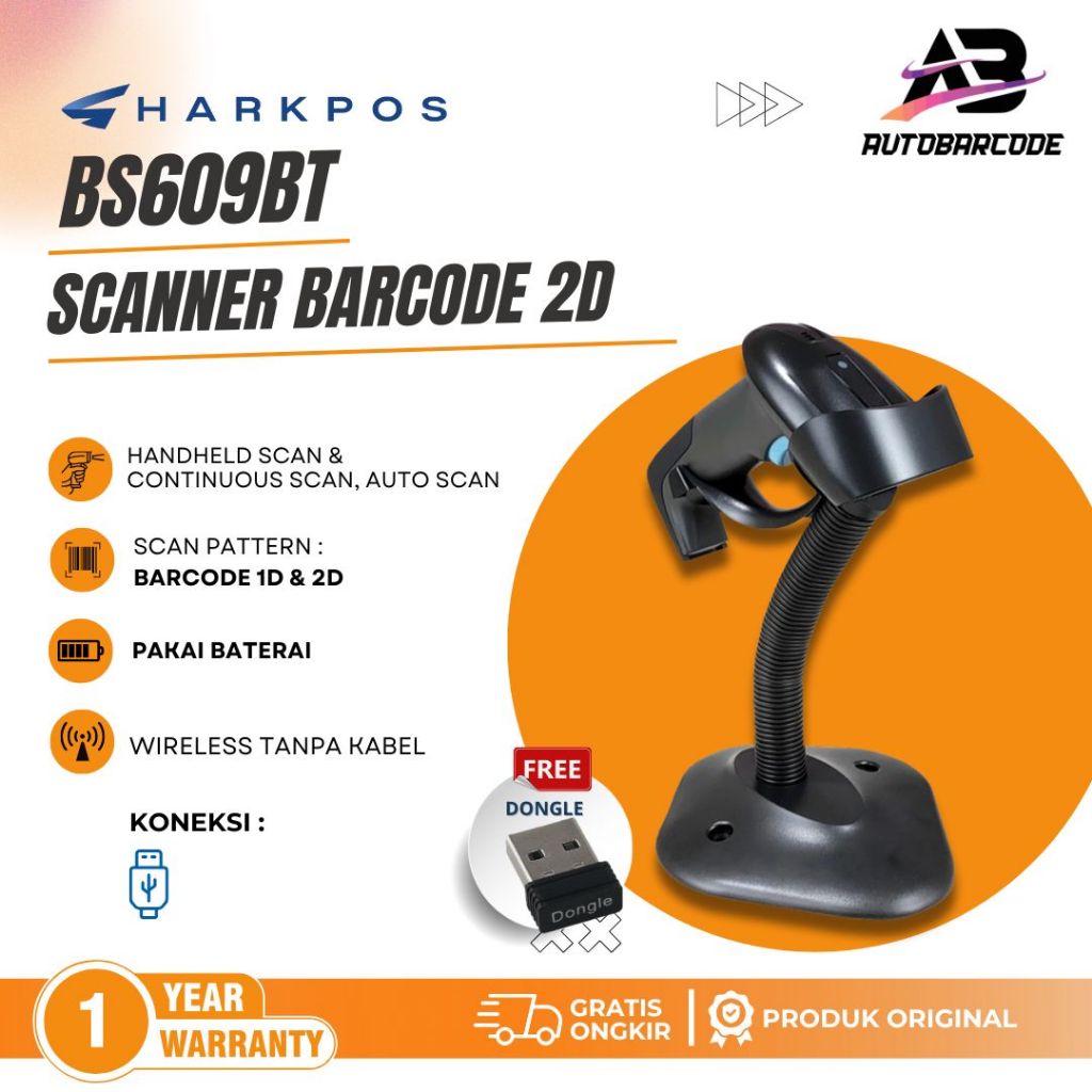 Scanner Bluetooth Sharkpos BS 609 BT Autoscan Wireless 1D Barcode Qris 2D Auto Scan Kasir BS609 609
