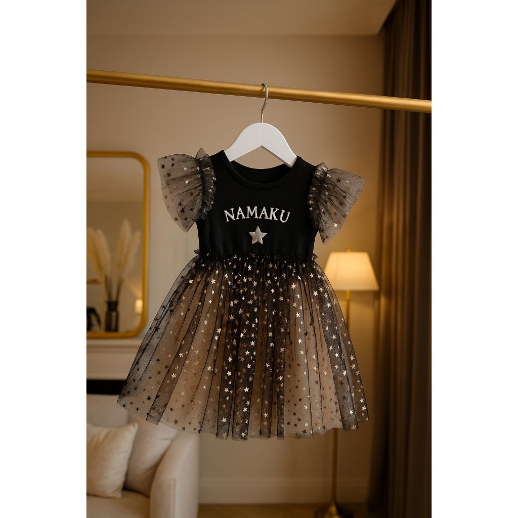 (GRATIS BORDIR NAMA)Dress Anak Black Mamba Gold Perempuan Pesta Pita Gaun Yukensi Lembut Nyaman