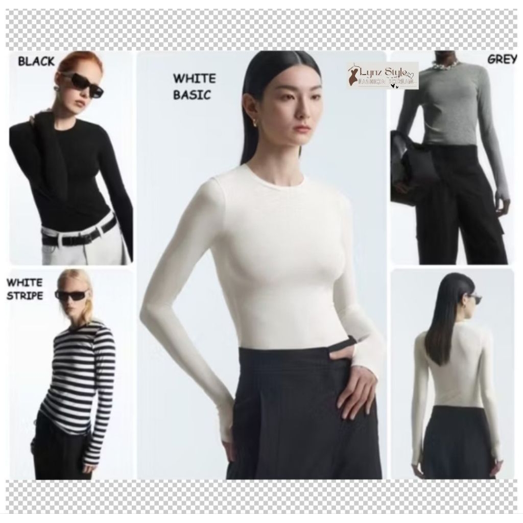 Blouse Atasan Baju Wanita Lengan Panjang Kaos Hitam Putih Basic Polos Garis Grey Black White Stripe 