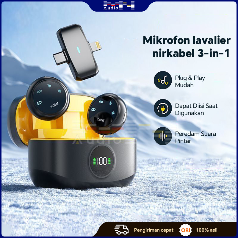 Mikrofon Wireless 2 in 1 HP Clip On Lavalier Mic Portabel Audio Video Pembuatan Rekaman Noise Reduct