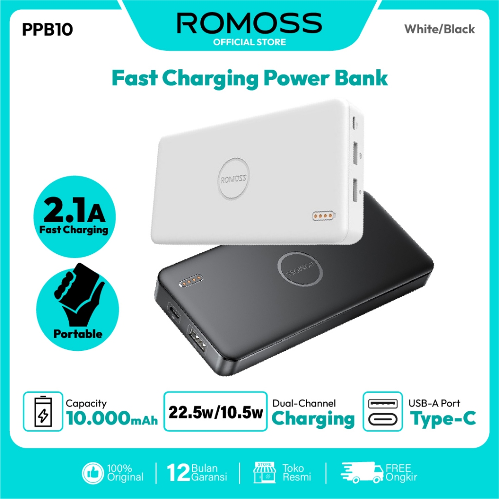 ROMOSS Power Bank PPB10 Type C 10000 mAh Input Output Fast Charging Kapasitas Besar & Tipe C untuk P