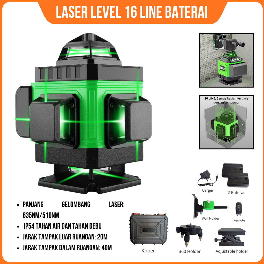 Laser leveling Self 16 Line Laser 2 Baterai Portabel BOSS - 4D level 16 line