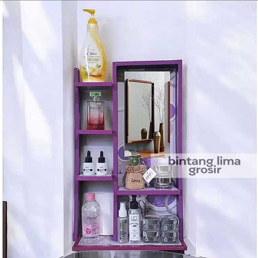 Rak Kosmetik New Gantung - Rak Make Up Kayu Cermin - Rak Kaca