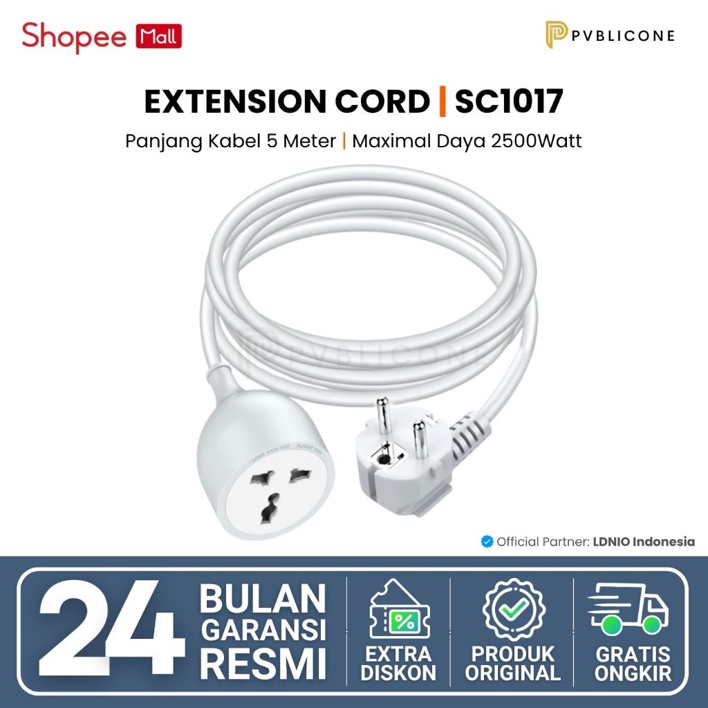 LDNIO Kabel Ekstensi Extension Cord SC1017 5 Meter 2500W Original - Putih