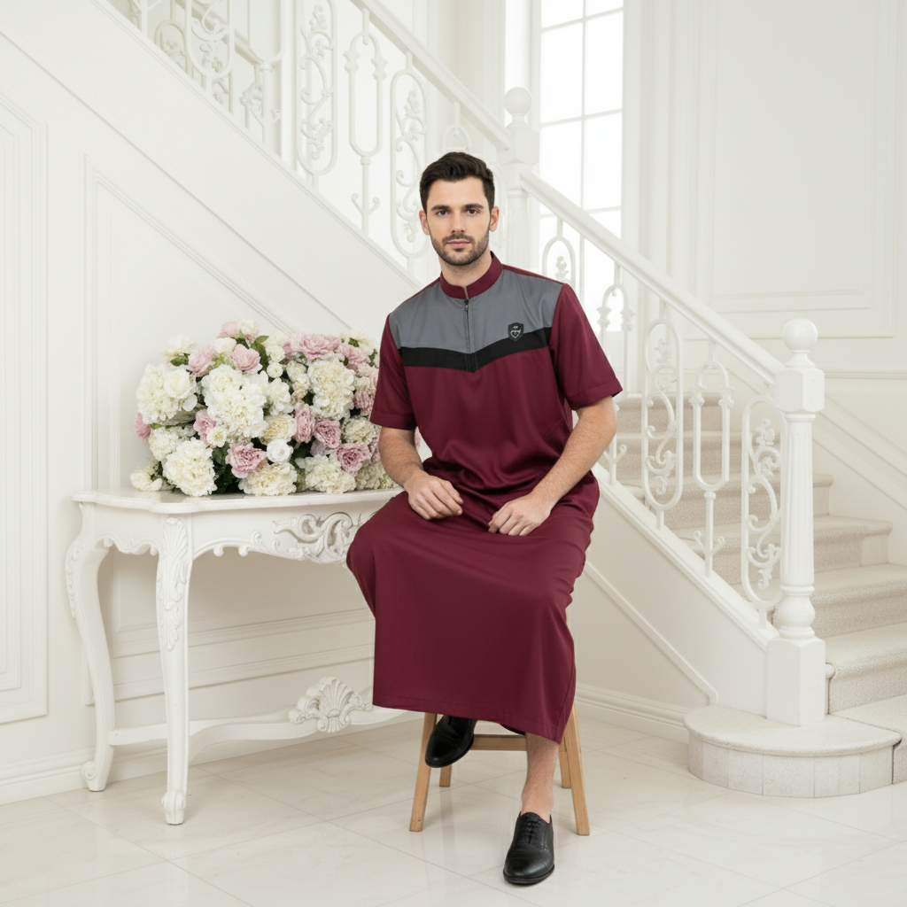 Jubah Gamis Pria Jubba Yamani List Lengan Pendek