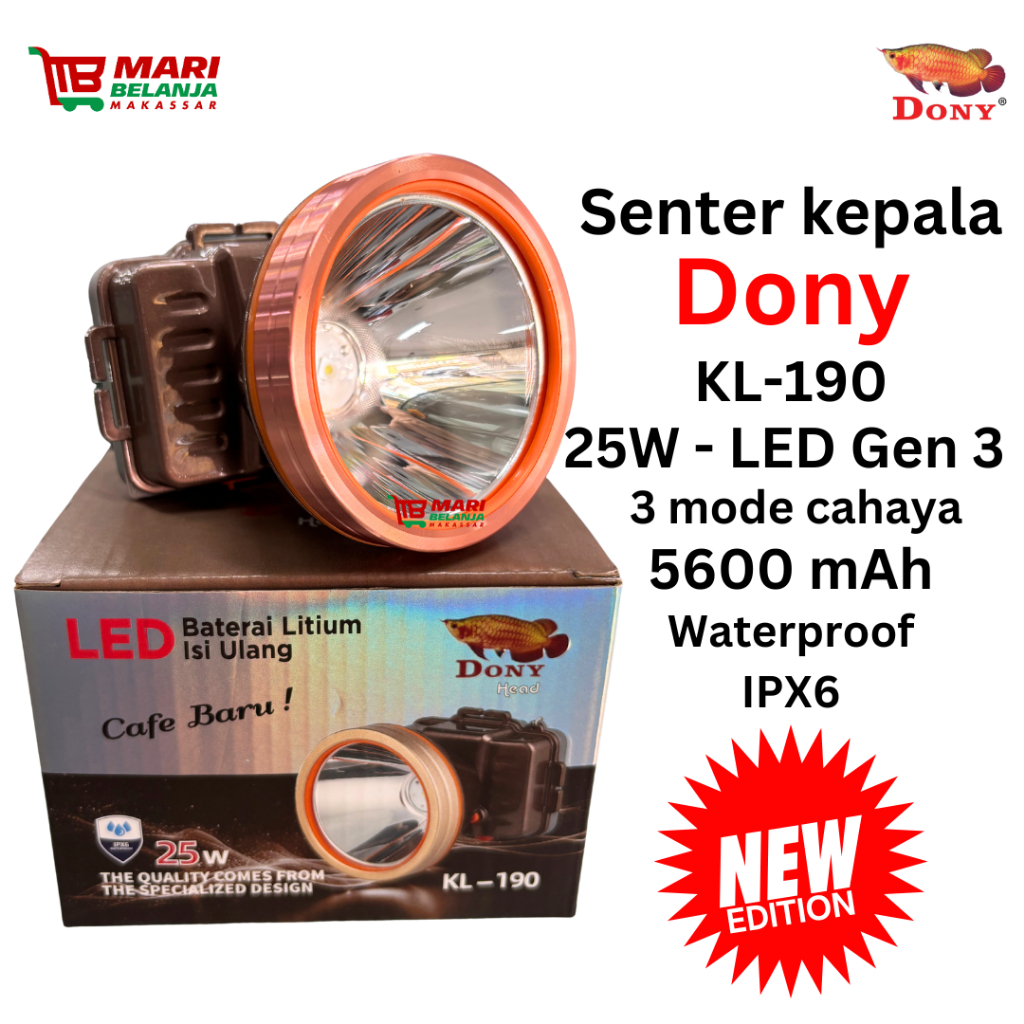 SENTER KEPALA DONY KL-190 | LED 25 W | TERANG | CAHAYA PUTIH & KUNING | ANTI AIR | TAHAN LAMA