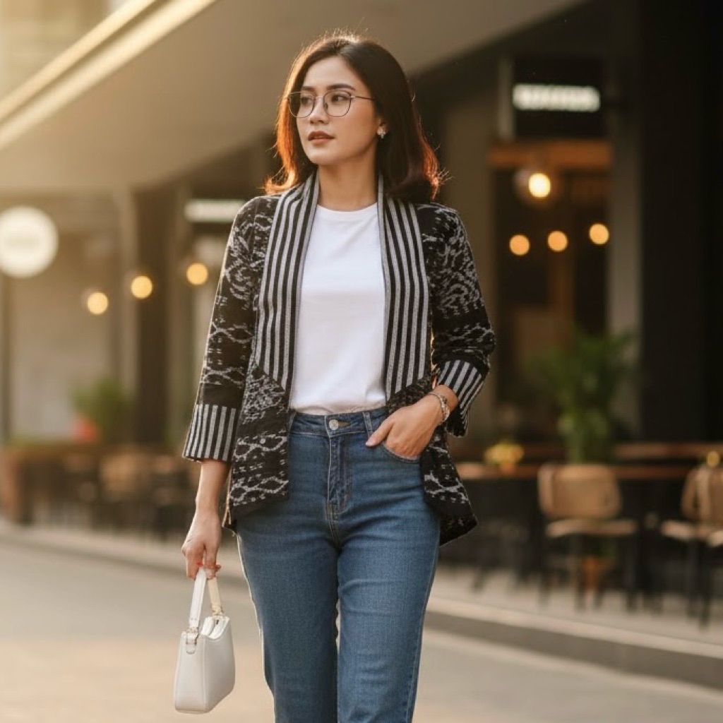 Shanaya Cardi tenun Bolero batik kerja wanita hitam Batik Kerja Cantik Elegan