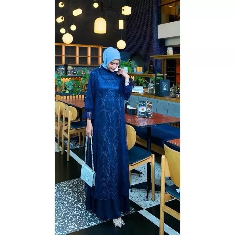 Finda - Allea Dress Gamis Abaya Wanita Dewasa Warna Navy Silk Brukat Premium Elegan Maxy Brukat