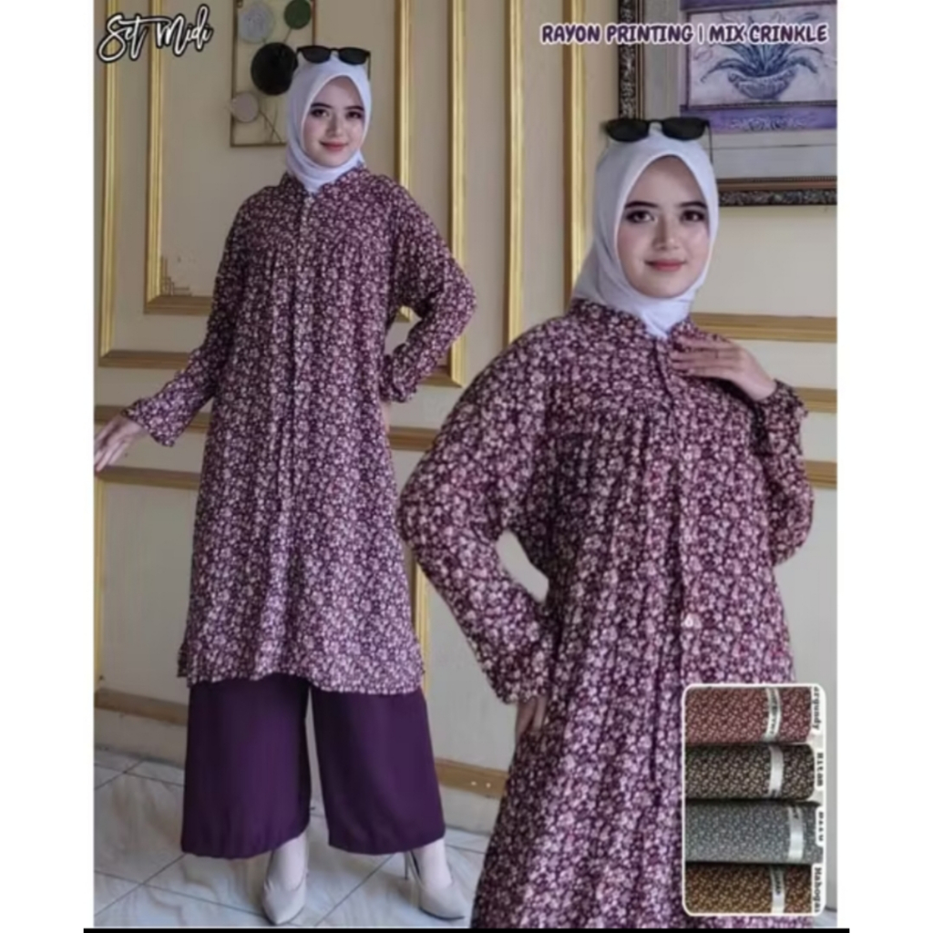 Setelan Muslim Wanita Motif Bunga – Tunik Panjang & Celana Kulot | Bahan Rayon Viscose Lembut
