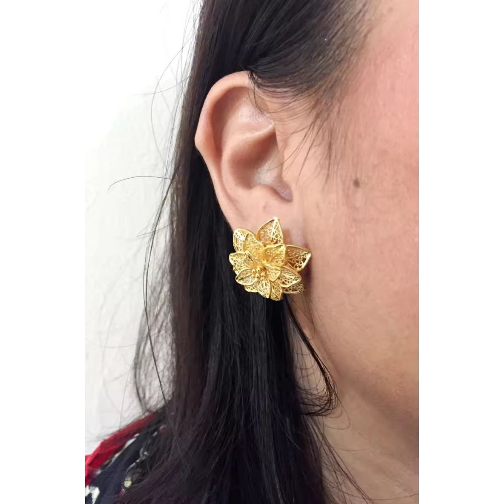 giwang bunga besar lapis emas 24k cantik fashion wanita