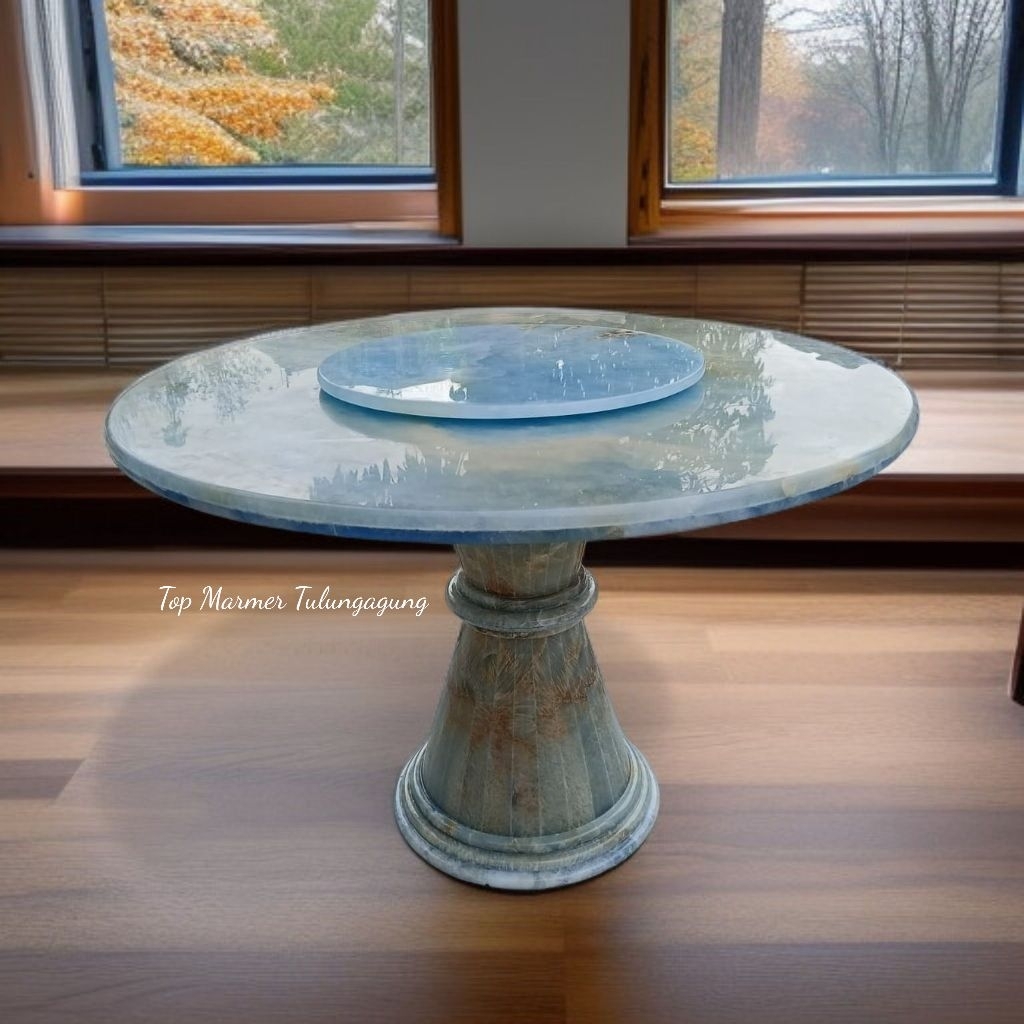 Meja Makan Putar Batu Onyx | Meja Makan Bulat + Putar Batu Onyx Biru