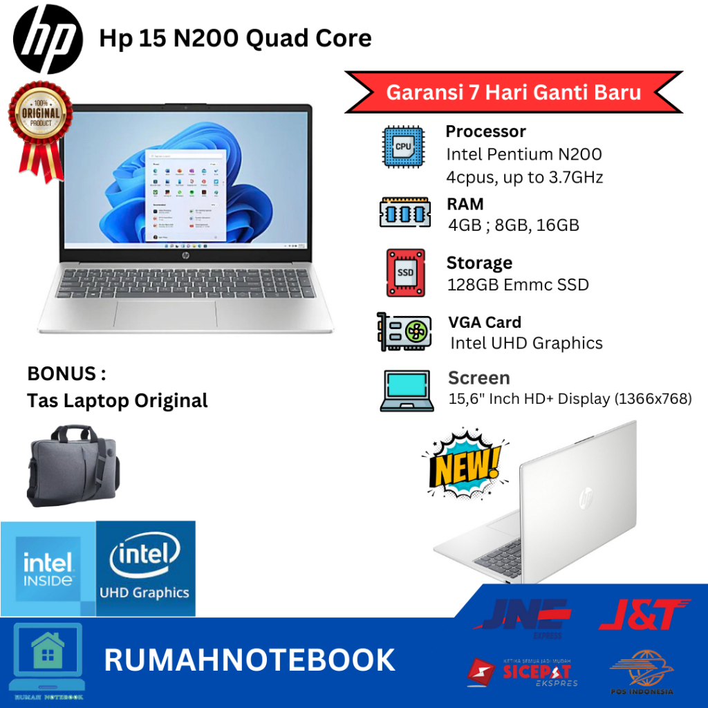 Laptop baru Hp 15 Intel Pentium N200  4Cpus 3,7Ghz