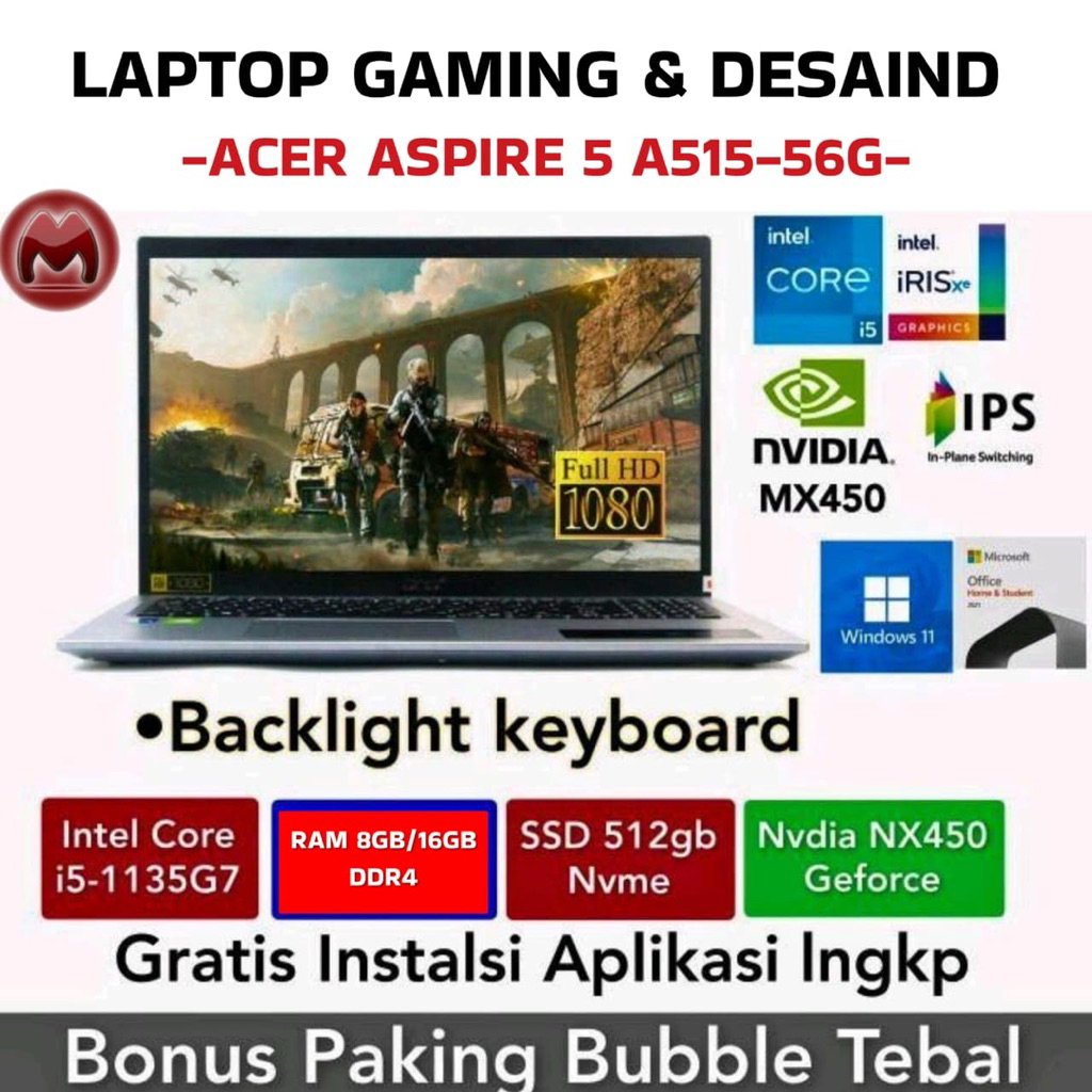 Laptop Acer Aspire 5 A515-56G Core i5-1135G Nvdia MX450 Ram 8Gb 512Gb 15,6” FHD Windows