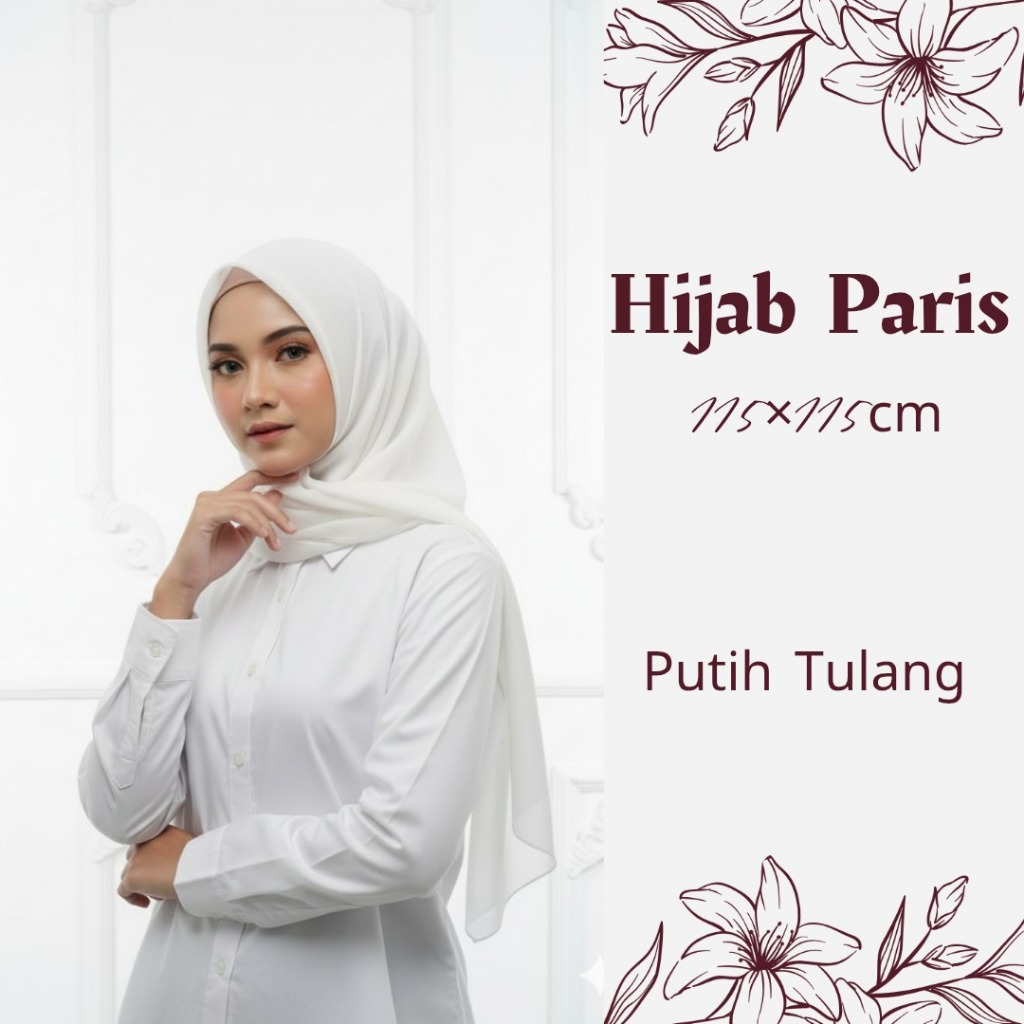 PUTIH -Plain Hijab Paris Basic Premium HIjab Segiempat Polos ukuran 115x115cm Kerudung Jumbo terbaru