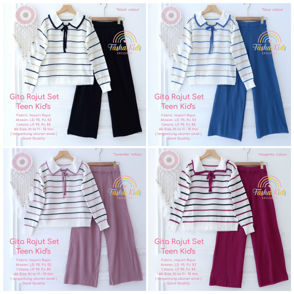 Gita Rajut Set Teen Kids Setelan Blouse dan Celana Rajut Anak Perempuan 11-15 Tahun Oneset Anak Rema