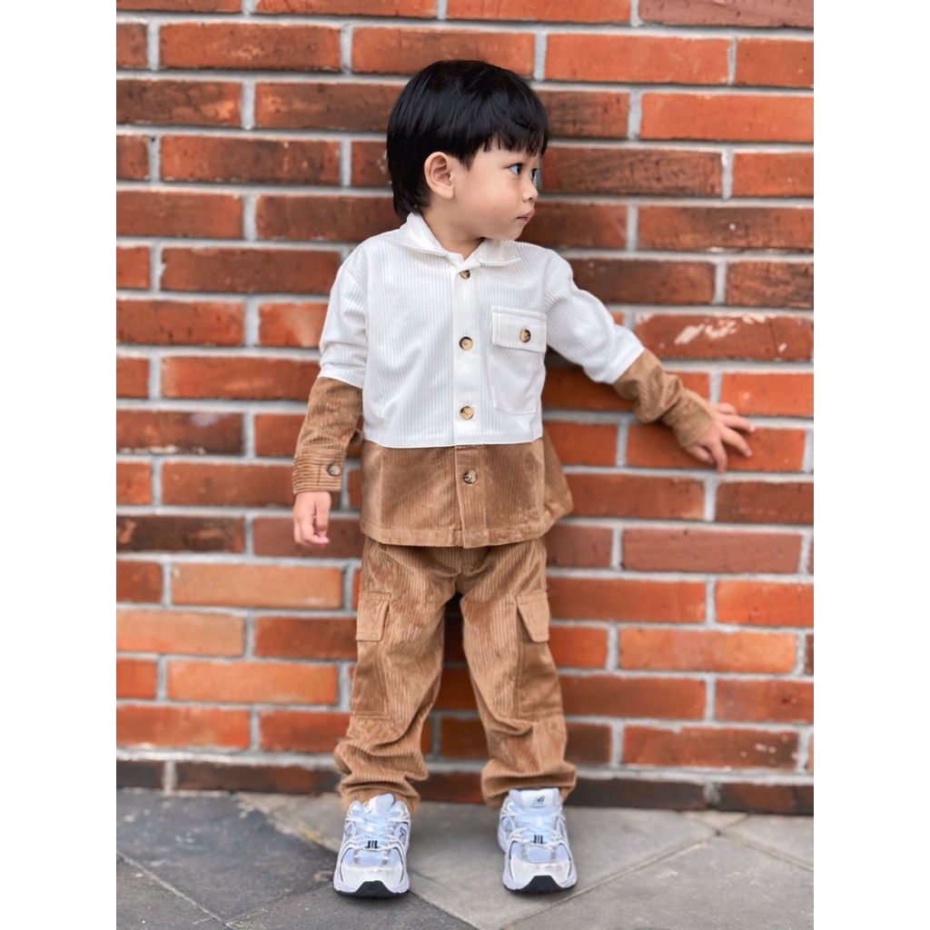 NARZ KIDS Raven one set baju atasan dan bawahan anak brown white baju anak corduroy