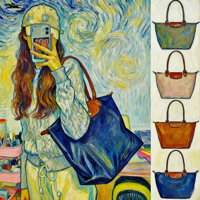 Longchamp* Navy blue Tote Bag Tas Nilon Tas Wanita Authentic Ready Stock