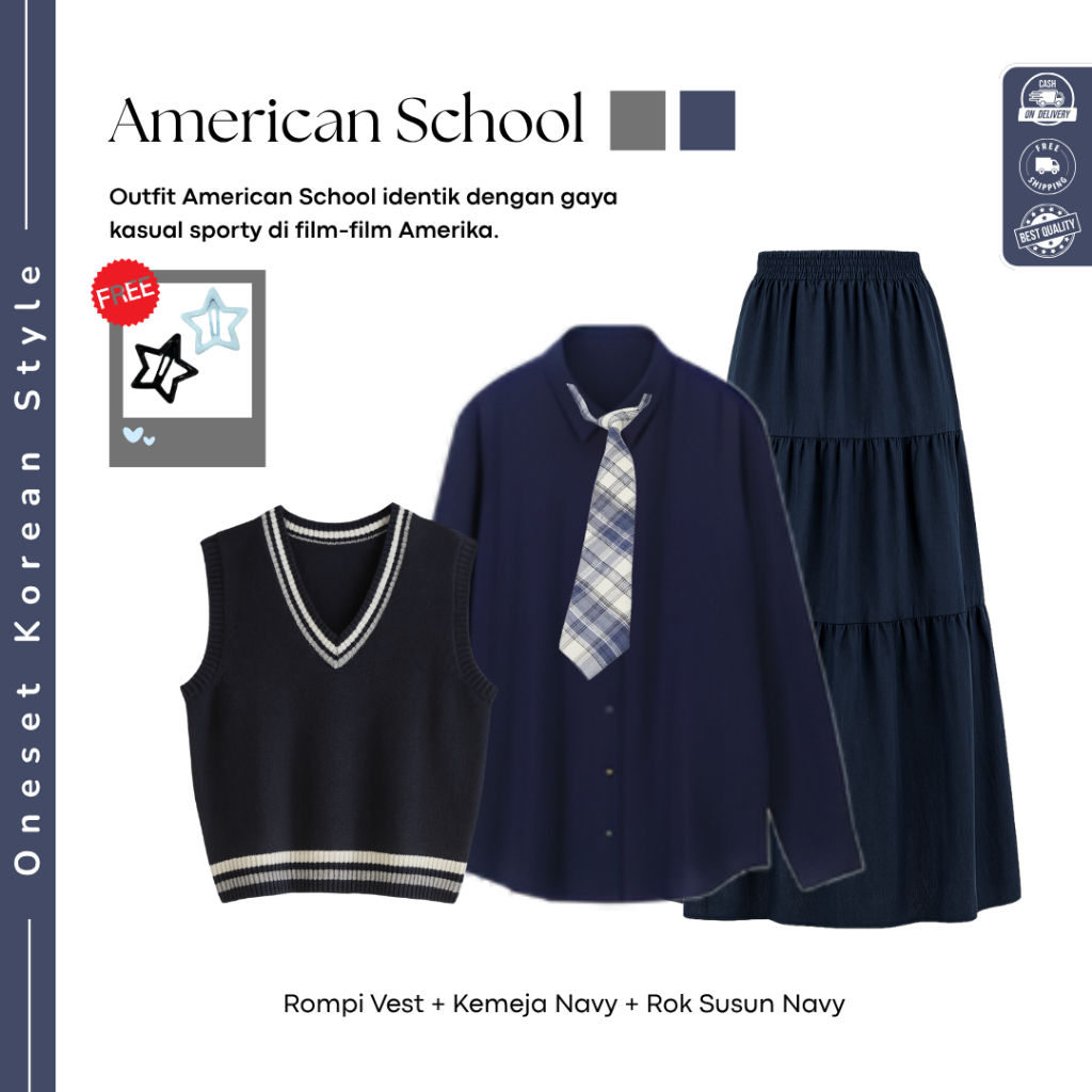 Ootd Yearbook American School ( Kemeja Basic + Vest Navy + Rok Susun) Oneset Yearbook Viral - FO30