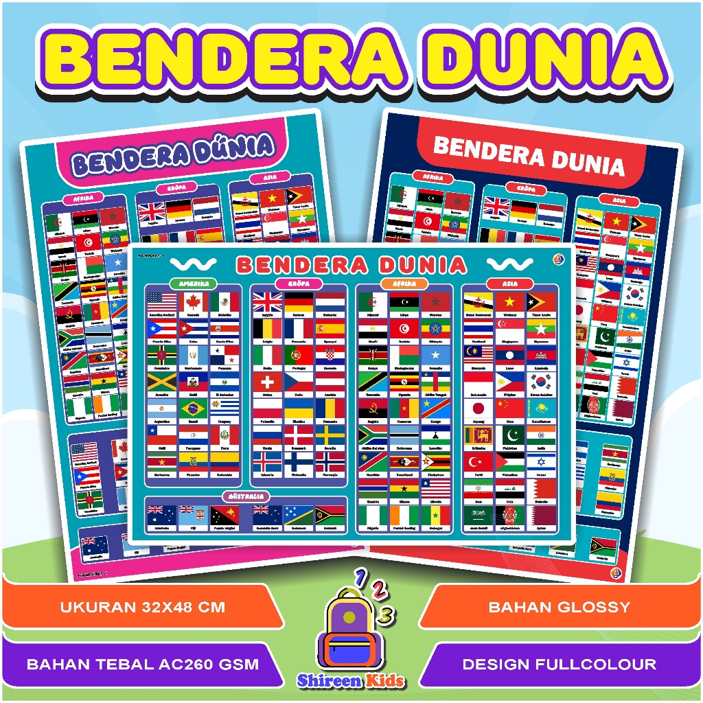 Poster Bendera Dunia / Poster Edukasi Anak - Poster Belajar Mengenal Bendera Negara