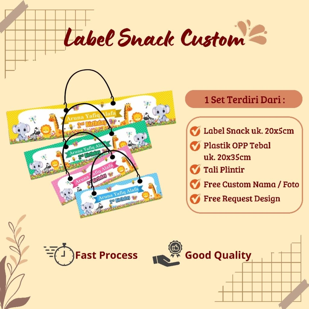 Label Plastik Snack Ulang Tahun Custom/Label Plastik Snack Custom 1 Set Tali Plintir dan Plastik-Des