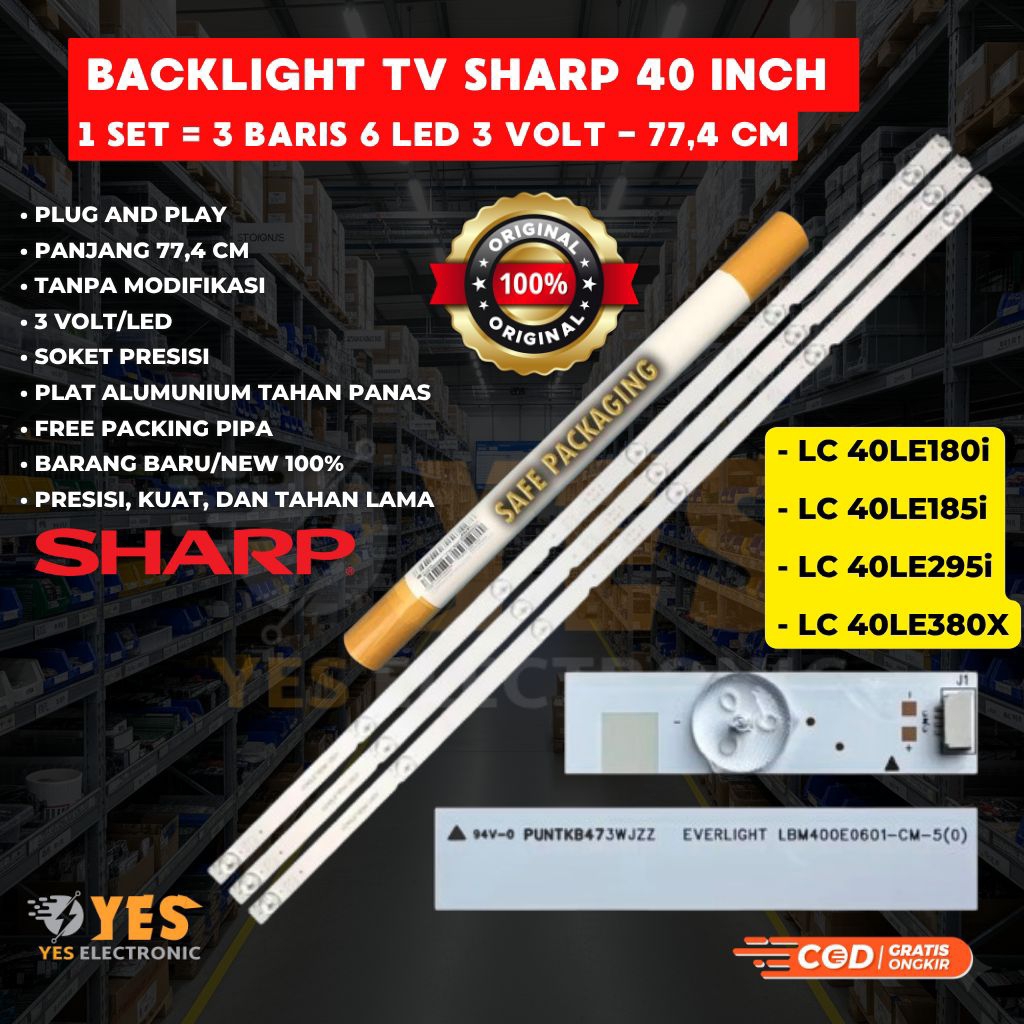 BACKLIGHT TV SHARP 40 INCH 6 LED 3 VOLT 3 BARIS ORIGINAL LC-40LE1851 LC40LE1801 LC40LE2951  LC-40LE3
