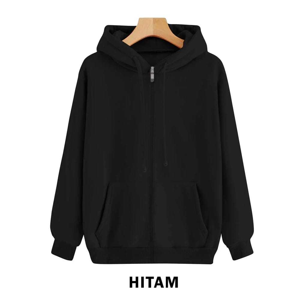 Hoodie Zipper Polos Dewasa Pria Wanita Hitam Fleece