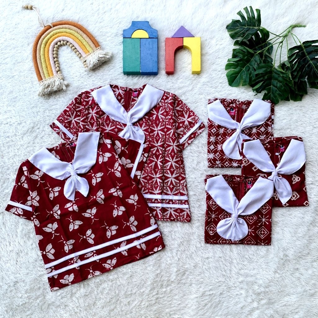 Top Blouse Batik Anak Ratna Doby Merah Putih Kerah Sailor Lengan Pendek Cocok Untuk Anak Sekolah