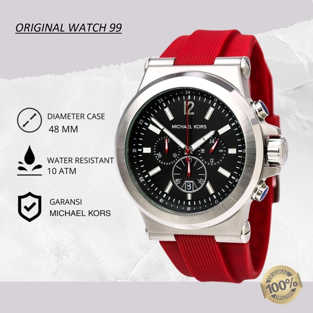 100% ORIGINAL Jam Tangan Pria Michael Kors Dylan MK8169 Red Rubber Strap Merah Black Dial Chronograp