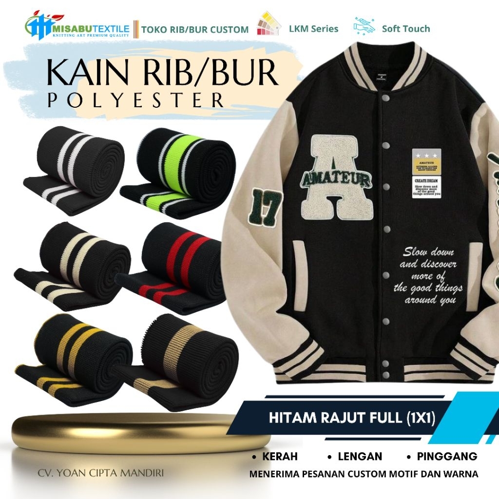 Kain rib bur jaket hitam polyester rajut premium 1x1 dan 2x2 untuk kerah lengan dan pinggang jaket
