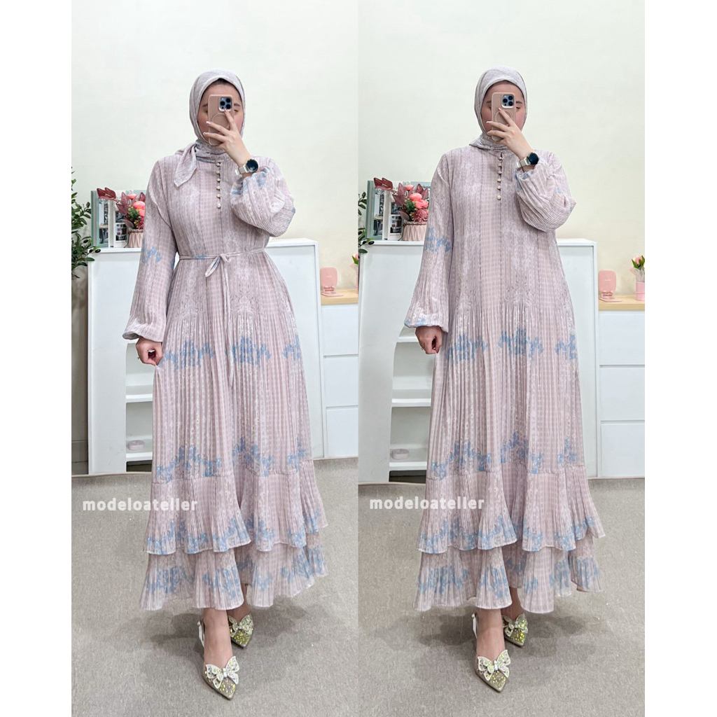 Zoraya Maxy Set Hijab | Gamis Plisket Motif Set Hijab / Dress Ceruty Plisket Mewah Jumbo Viral / Dre