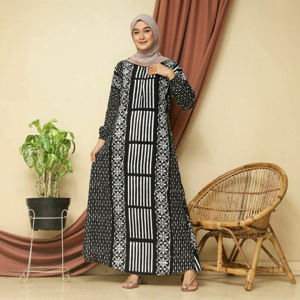 Gamis Cap LD 110 Daster Batik Lengan Panjang Longdress Busui Friendly Bahan Rayon Super AJL Adem