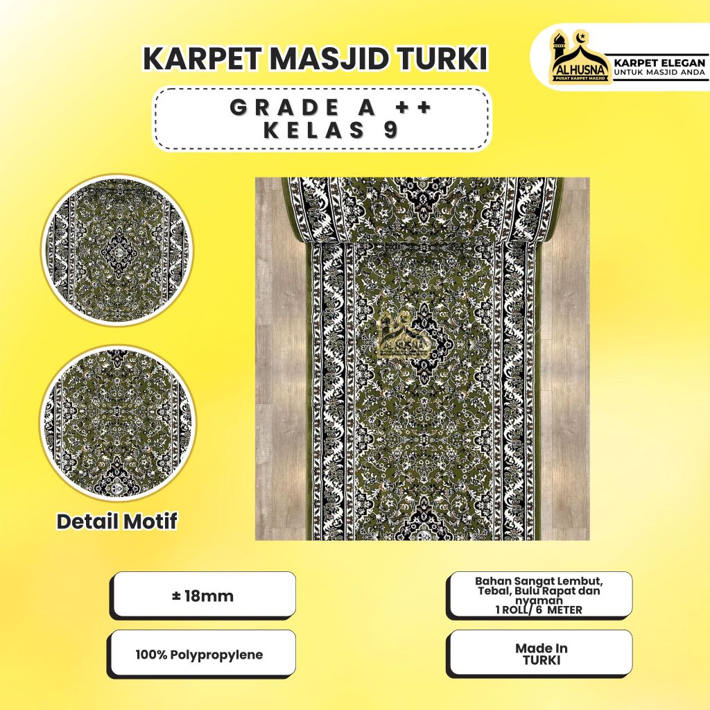 Alhusna Karpet Masjid - Sajadah Karpet Masjid Empuk Tebal 18mm Nabawi Warna Hijau Olive Green