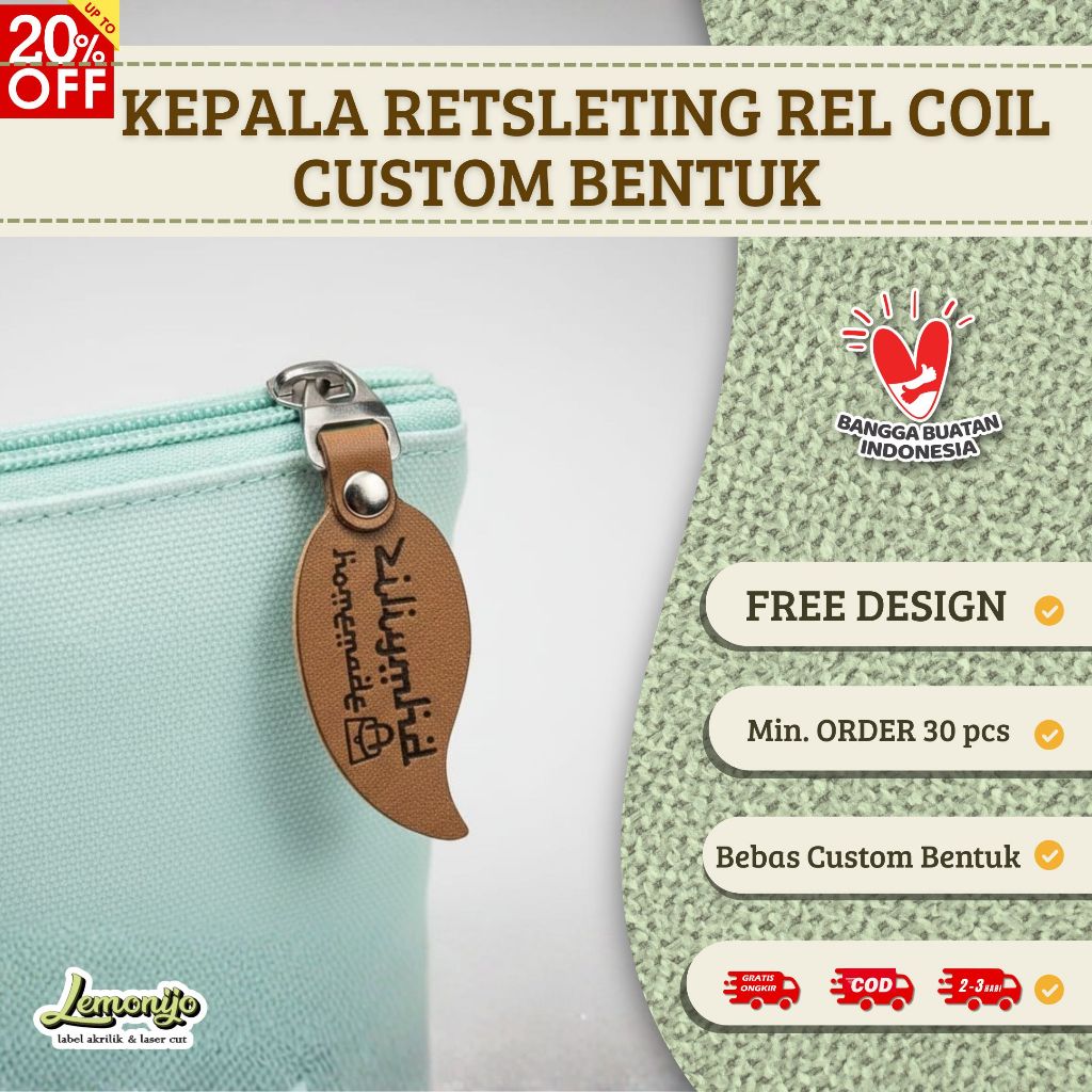 Kepala resleting Custom Bentuk COIL (MIN 30pcs)  /  zipper puller Custom Kulit Sintetis Kulsin GIGI 