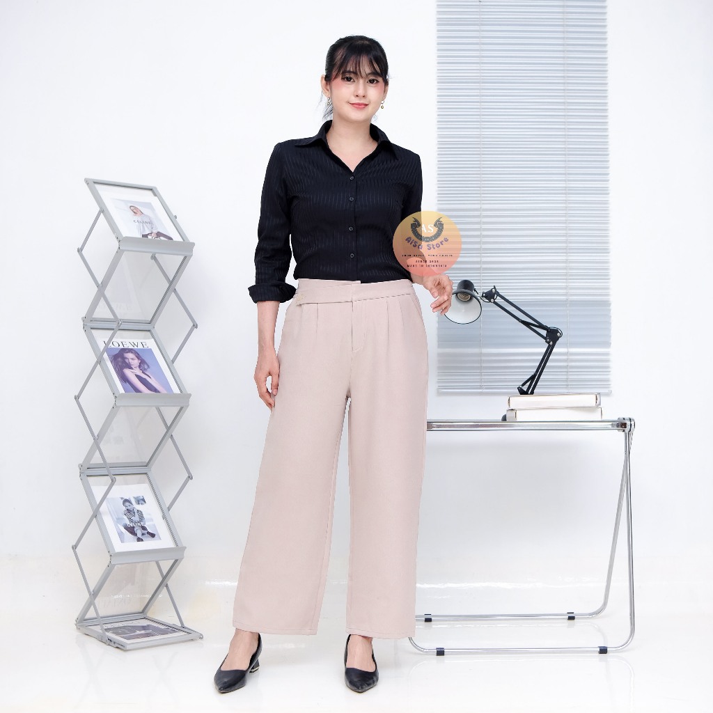 Celana Panjang Kulot Formal Kerja Kantor wanita Variasi Kancing Kain Nyaman Bahan Wolstretch Jatuh