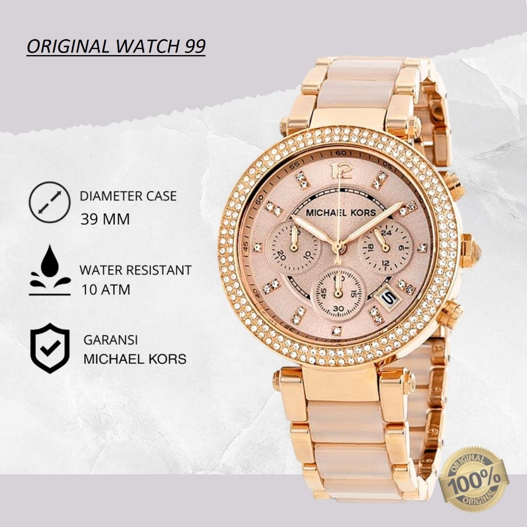 100% ORIGINAL Jam Tangan Wanita Michael Kors MK5896 Parker Rose Gold Chronograph Ceramic Pink Dial S