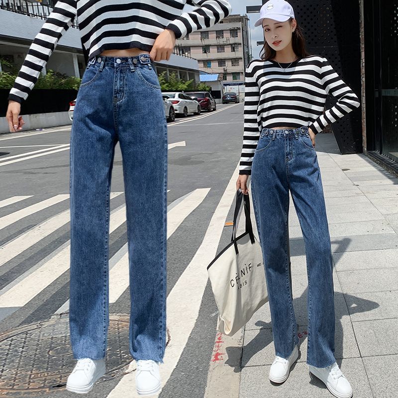 [Dua warna biru]Celana Jeans Wanita Pinggang Tinggi Retro Nyaman 026