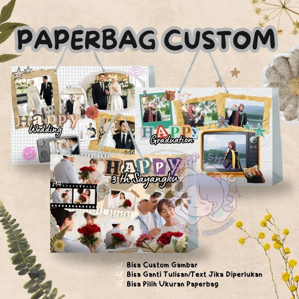 PAPERBAG KERTAS KADO VINTAGE CUSTOM GAMBAR TULISAN HAPPY BIRHTDAY ANNIVERSARY GRADUATION WEDDING