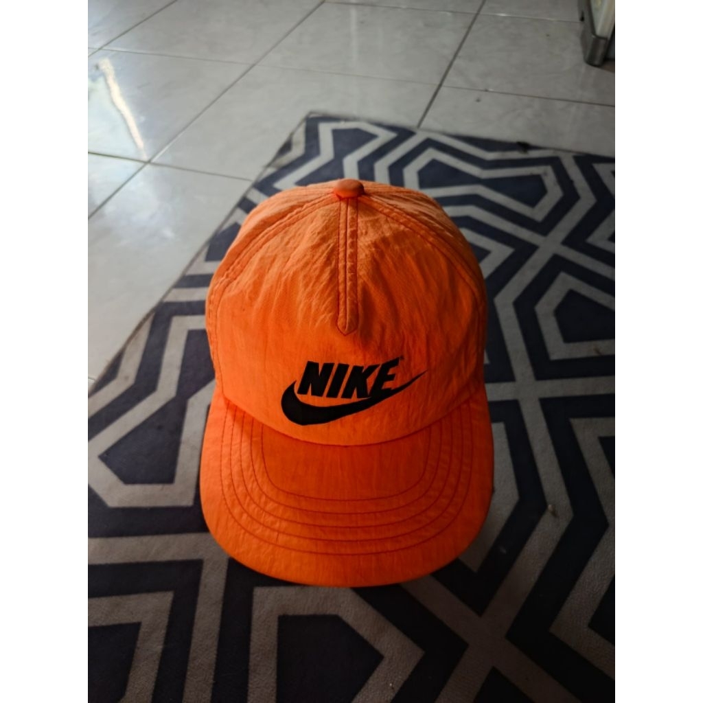 Nike Swoosh Spell Out Nylon Neon Orange Retro 80s 90s Running Panel Hat - Vintage Hat 1980s / 1990s