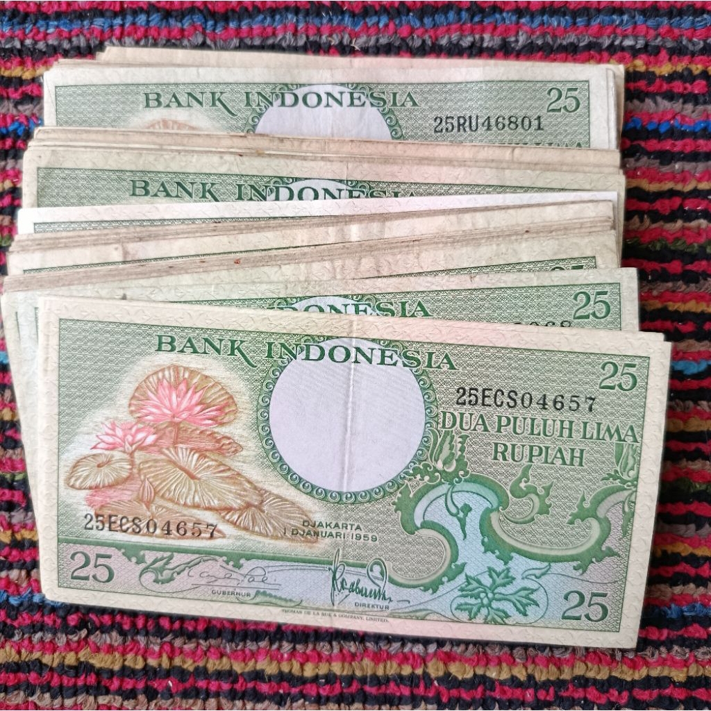 uang kertas kuno 25 rupiah seri bunga asli