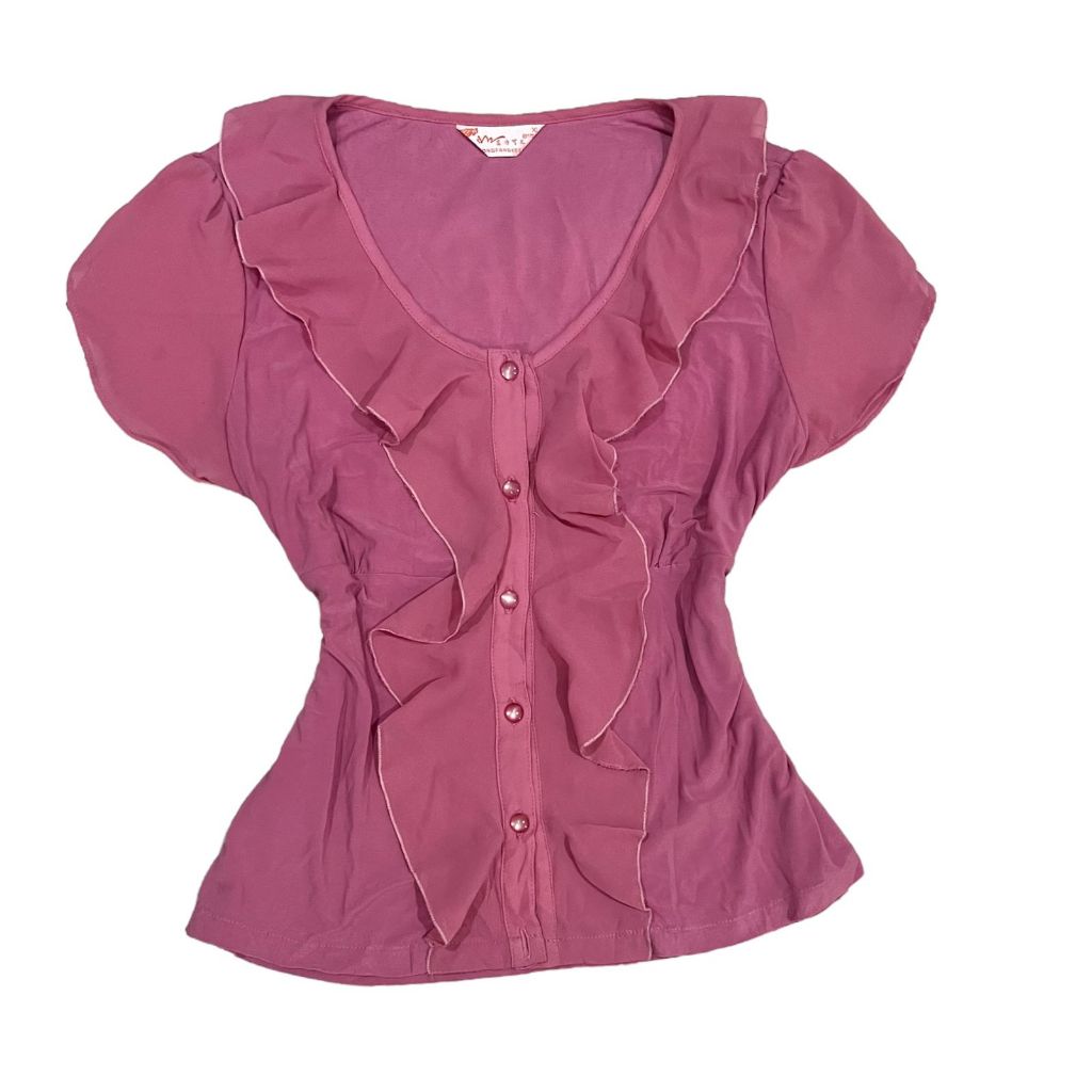 Faded Pink Ruffle Beads Buttoned Up Milkmaid Puffy Top | rampel blus v neck rafel babydoll peplum me